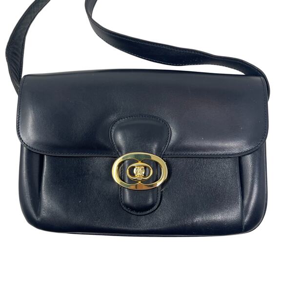 Céline VINTAGE Celine Fermoir Triomphe Shoulder Bag - Navy Blue Box Leather - Picture 3 of 13